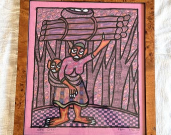 Signed Femi Aro Painting: Nigerian Folk Art, Wood Framed