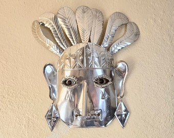 Mexican Tin Mask Taxco Punched Metal Folk Art Wall Decor Feather Headdress Glass Eyes Artisan Made Cultural Ethnic Collectible Southwestern