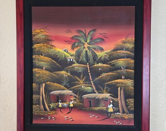 Haitian Art Painting Jean Claude Martin Savannah Georgia Street Artist Framed Country Caribbean Life Scene Palm Trees Folk Art Outsider Art