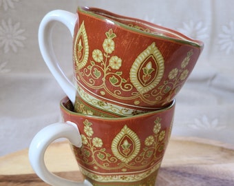 Vintage Mugs Coffee Tea Kashmir by Noble Excellence Made in Indonesia Folk Art Pattern