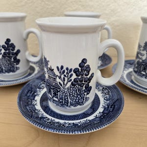 Coffee Cup Saucer Set Vintage Churchill England C Handle Blue Willow Mug Mid Century Shabby Chic Boho Kitchen Table Cottagecore Dishware