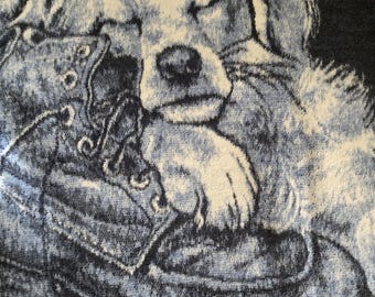 Vintage Biederlack Blanket Kid's Reversible Kitten & Puppy Print Fleece Throw