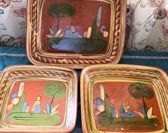 Vtg 1940s Tlaquepaque Mexican Redware Pottery Nesting Dishes Set 3 Aldana Folk Art