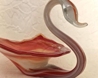 Vintage Hand Blown Glass Swan Bowl: Orange Red Swirl Art Glass