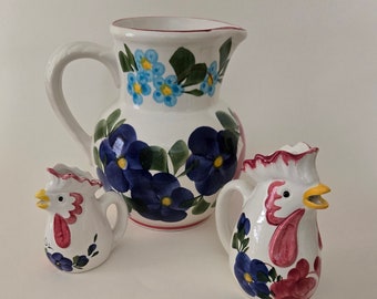 Italian Pitcher and Hen Creamers Ceramic Folk Art Mediterranean Dining Service Farmhouse Cottagecore Country Kitchen Hand Painted Tableware