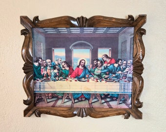 Hand Carved Mid Century Frame Last Supper Decoupage Hand made Mexican Religious Art Jesus Disciples Wall Decor Saints Spiritual Christian