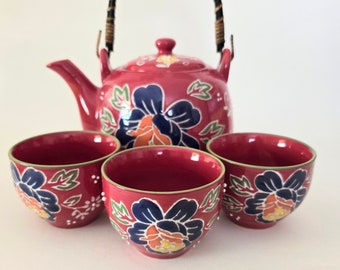 Yokohama Studio Teapot Cups Ceramic Hand Painted Japan Dining Tea Service with Infuser Floral Pattern Bamboo Handle Asian Kitchen Decor
