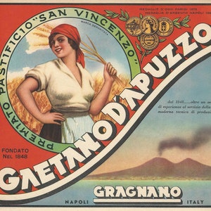 1940s Original Lithograph, Italian Pasta Carton Label, Gaetano D'Apuzzo/Pastificio - Gragnano, Italy