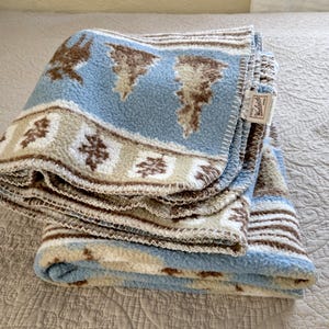 May include: A folded wool blanket featuring a light blue and beige colour palette with a repeating pattern of brown pine trees and geometric shapes. The blanket has a whip-stitched edge and a white fabric tag with the text Woolrich printed on it.