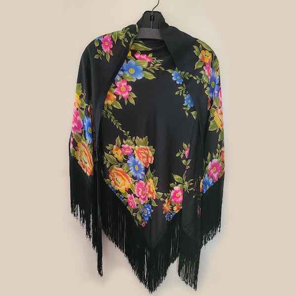Fringed Shawl Boho Triangle Black & Floral Wrap with 8" fringe by Therese Ahrens of New York Bohemian Retro Roma 1970s Excellent Condition