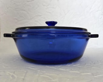 Vintage Anchor Hocking Cobalt Blue Glass Casserole Dish, 2 Quart Round Ovenware Baking Dish