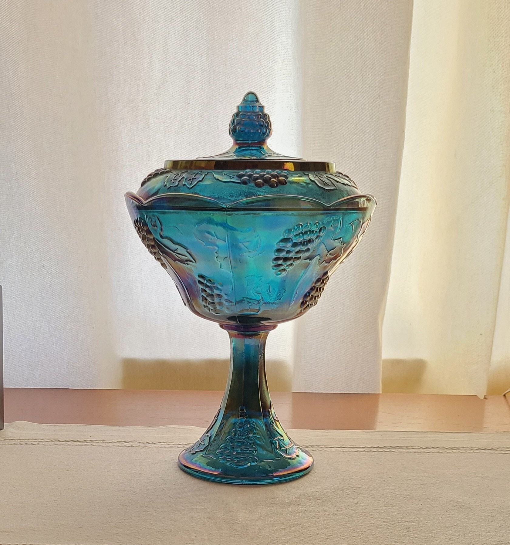 Vintage Blue Iridescent Carnival Glass Indiana Colony Harvest