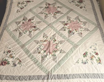 Vintage Hand-Stitched Lone Star Quilt: Pastel Floral Calico Patchwork Bedspread