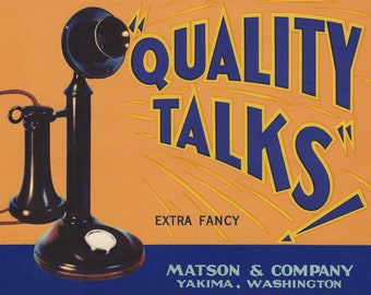 Rare Old Original 1934 Candlestick Telephone "Quality Talks" Brand Apple Crate Label Yakima Washington