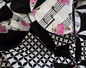 Vintage Patchwork Quilted Throw Handmade Music Circles Mended