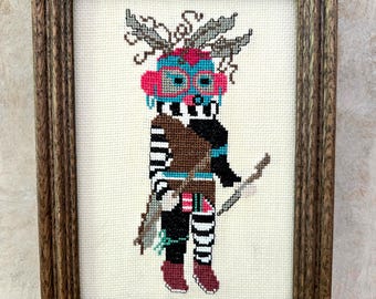 Vintage  Kachina Cross Stitch Framed Native American Southwest Folk Art Needlepoint Hopi Wall Decor