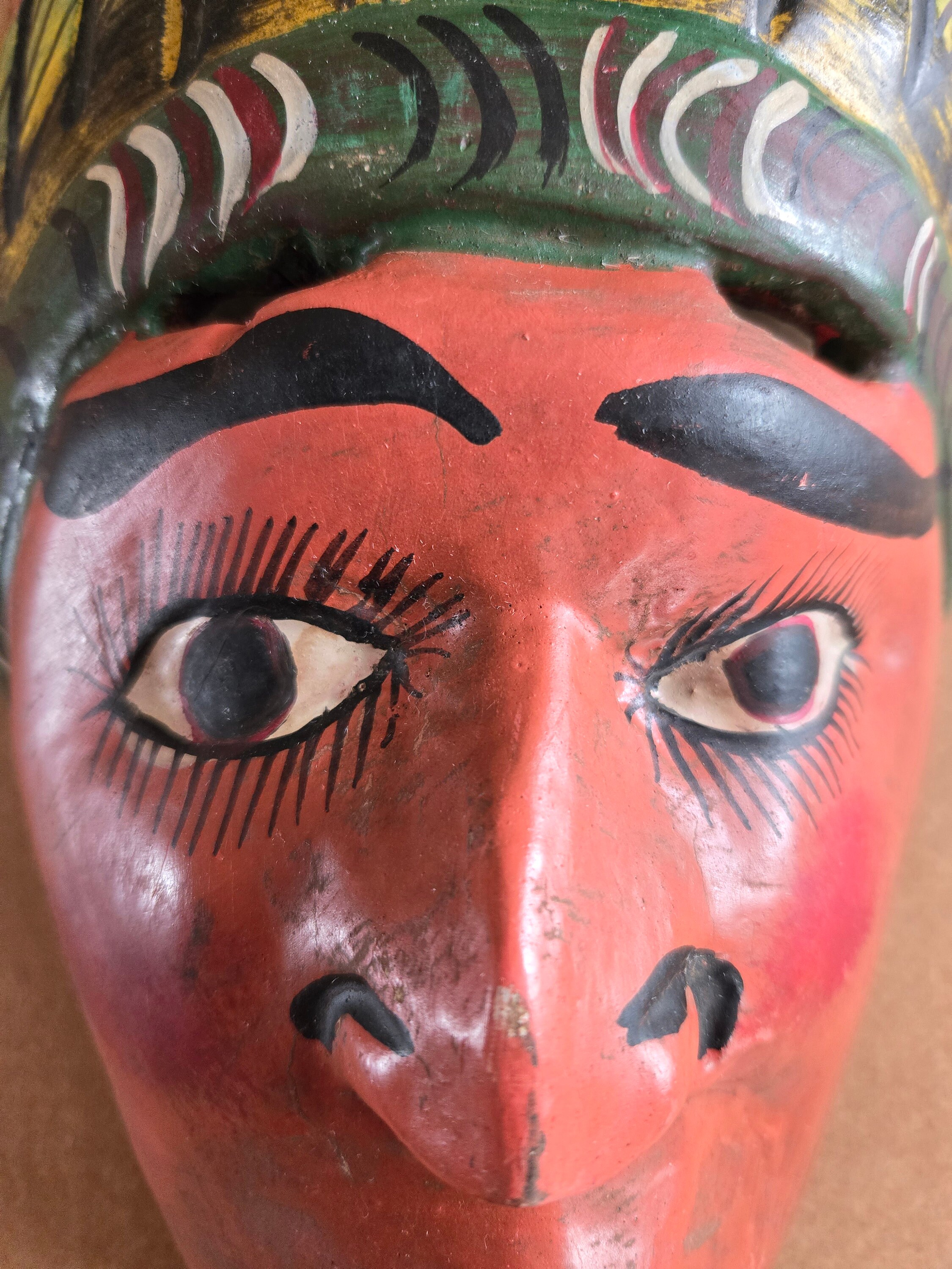 Aztec Mexican Mask Hand Carved Wood Feathered Headdress Latin America ...