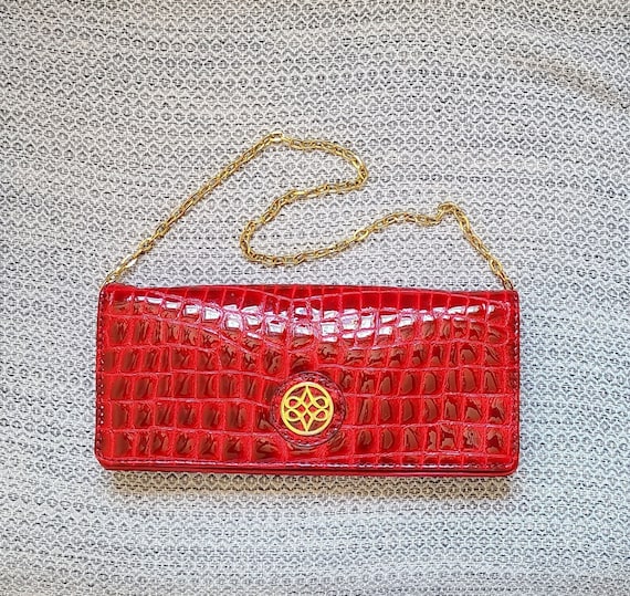 Vintage Antonio Melani Embossed Alligator Red Leather Clutch Purse With Chain Shoulder Strap Etsy