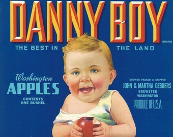 Original Vintage Lithograph Rare 1940s DANNY BOY Apples Fruit Box Label Kitchen Wall Art Happy Baby Food Decor Retro Cuisine Advertising