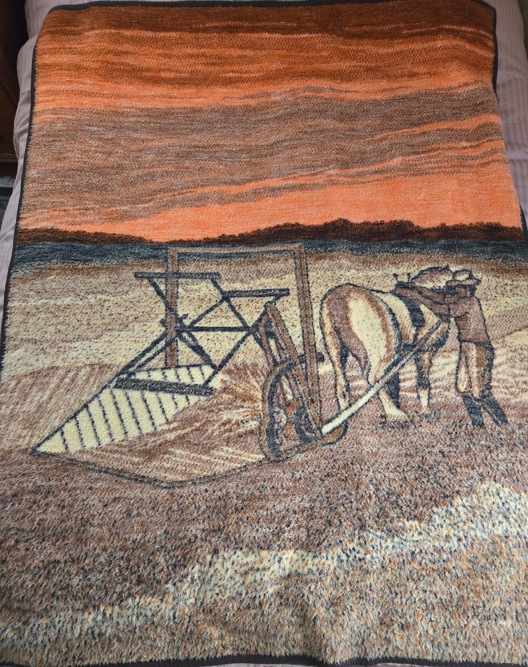 Vintage Biederlack Blanket Twin Double Bed 80s Horse Plow Farmer Scene