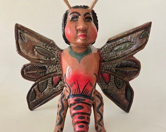 Vintage Mexican Folk Art Butterfly Man Woman Moth Angel Hand Carved Wooden Sculpture Wall Decor Alibreje Latin American Mythological Being