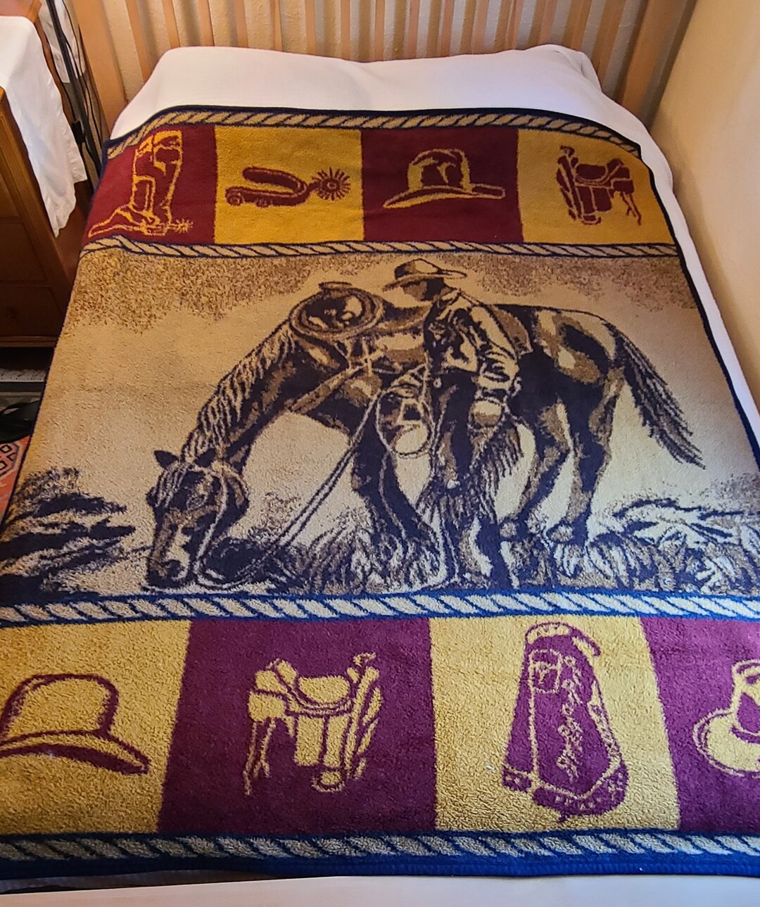 Vintage Cowboy Blanket Western Bronco Reversible Twin Bedcover Etsy