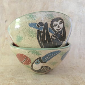 Vintage Nicaraguan Sgraffito Pottery Bowls Set: Sloth & Toucan Folk Art (Set of 2)