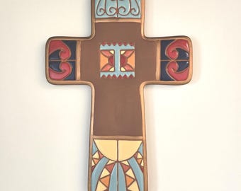 Vintage Robert Camacho Ceramic Cross: Enesco Mexican Folk Art Southwest Decor