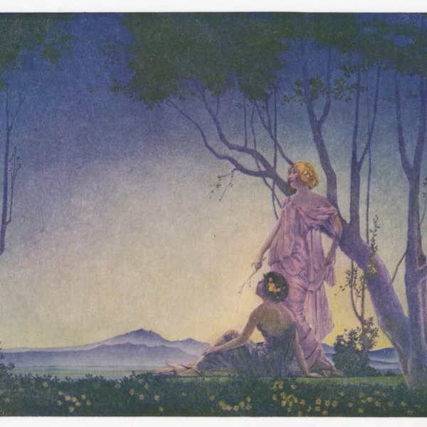 1927 Original Lithograph—Twilight by Hernando Villa—Maxfield Parrish-style print, two ladies in a fantasy garden