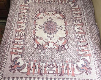 Vintage Egyptian Tapestry Bedspread: Jacquard Woven Cotton, Folk Art Wall Hanging