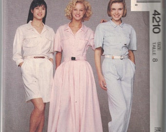 Vintage 80s Top Button Up Down Front Shirt Notched Collar Pleated Skirt Cuffed Cuff Pants Shorts McCalls 4210 Sewing Pattern Misses Size 10