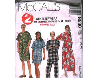 McCalls 8530 Sleepwear Sewing Pattern Pajamas Nightgown Unisex Size Z XL CUT