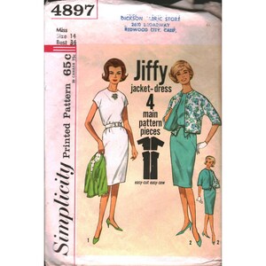 May include: Vintage Simplicity sewing pattern for a Jiffy jacket-dress. The pattern features illustrations of the dress and jacket, with four main pattern pieces. The pattern includes the text "easy-cut easy-sew". The pattern is size 14, bust 34.