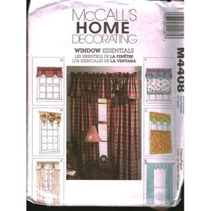 May include: A McCall's Home Decorating sewing pattern envelope for window essentials, model M4408. The front displays illustrations of various curtain styles, including plaid valances and drapes, alongside a central image of red plaid curtains.