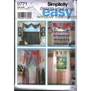 May include: A Simplicity 9771 sewing pattern envelope for easy window treatments. The front displays four distinct window curtain designs, including valances and drapes in various patterns and colours, with the text "design your own easy window treatments" printed at the top.