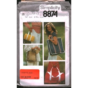 May include: Simplicity pattern 8874, featuring images of various tote bags and duffel bags. The bags are shown in different colors and styles, including a yellow duffel bag, a blue tote bag with red stripes, and a red duffel bag.