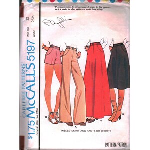 Cartamodello vintage McCall's 5197 del 1976 per gonna, pantaloni e pantaloncini da donna, taglia 12, stile boho.