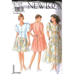 May include: A vintage New Look sewing pattern showing three dress designs. The pattern includes a light blue jacket and floral skirt, a peach dress with a bow, and a floral jacket and skirt set. The pattern size is 8-18.