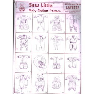 May include: A sewing pattern labelled "Sew Little Baby Clothes Pattern" showing various baby clothes designs. The designs include onesies, rompers, and a bib. The pattern is labelled "Quick and Easy Layette".