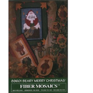 May include: A craft pattern kit titled 89601 BEARY MERRY CHRISTMAS FIBER MOSAICS featuring a rectangular image of a Santa Claus figure and several teddy bear ornaments. The packaging includes the company name and contact information at the bottom.