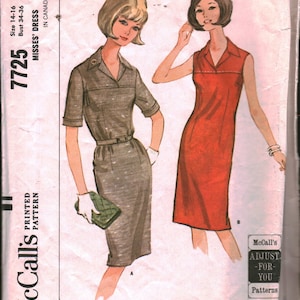May include: Vintage sewing pattern for a sleeveless dress with a collar and a short-sleeved dress with a collar. The pattern is McCall's 7725 and is for misses' sizes 14-16, bust 34-36. The pattern is printed and includes instructions for adjusting the fit.