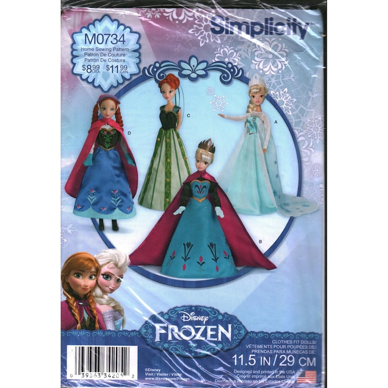 Simplicity M0734 Disney Frozen-poppenkleertjes naaipatroon Elsa Anna 11,5 inch afbeelding 1