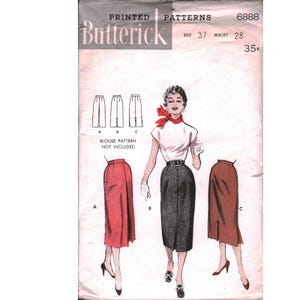 May include: Vintage Butterick sewing pattern with skirt designs. The pattern shows illustrations of three skirt styles, with a woman modeling one. The pattern's text includes "PRINTED PATTERNS", "HIP 37", and "WAIST 28".