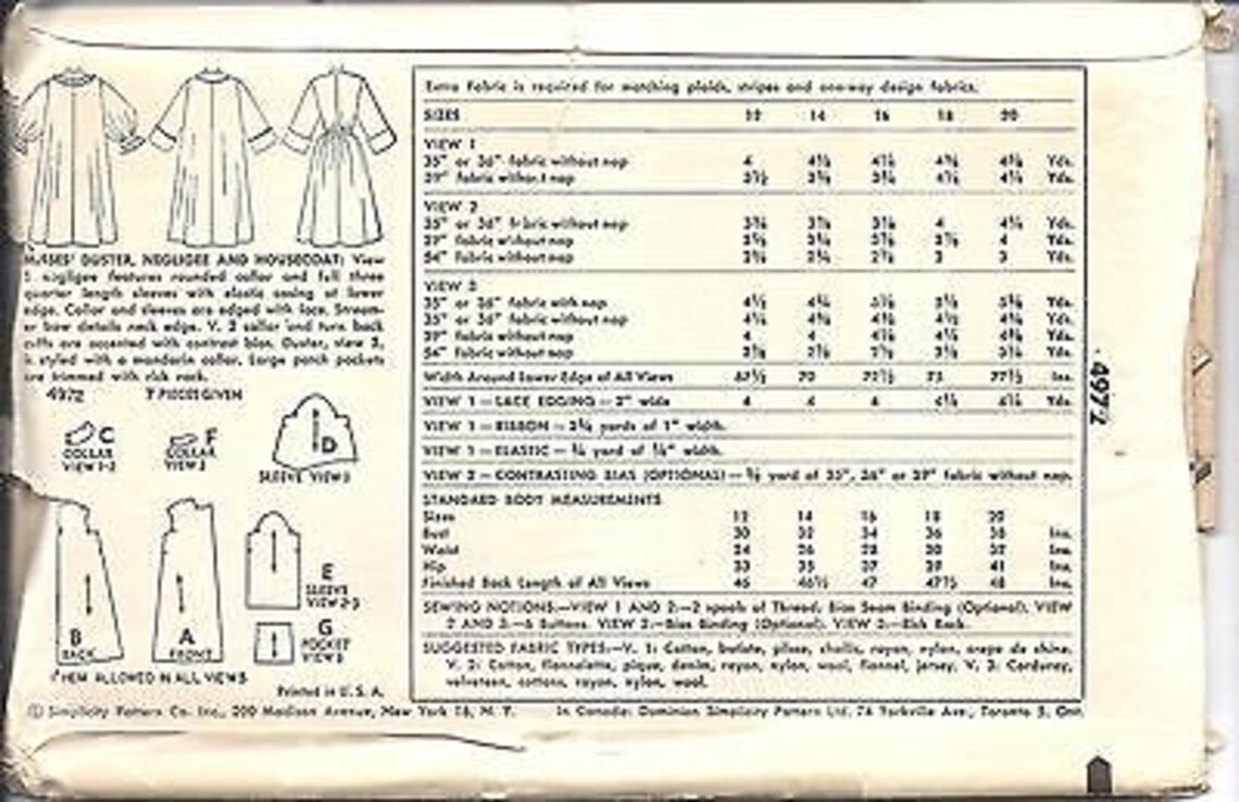 4972 Vintage Simplicity Sewing Pattern Misses 1950's Duster Negligee ...
