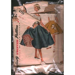 May include: A Simplicity printed sewing pattern envelope, number 4753, size 12. The illustration shows a figure wearing a dark skirt with a ruffled petticoat underneath and another figure in a yellow skirt with a horse graphic, all in a plastic sleeve.