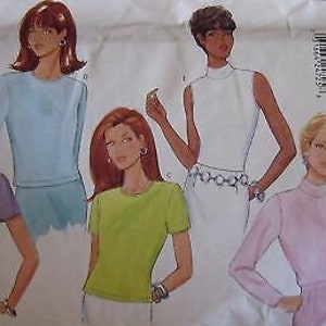 May include: A sewing pattern for four different tops. The tops are all sleeveless and have a high neckline. The pattern is for sizes 14-18.