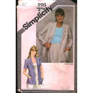 May include: A Simplicity sewing pattern envelope 9913 for a size 12 miss. The cover features illustrations and photographs of a blazer with long or short sleeves, a notched collar, and two front pockets. The text includes Simplicity 9913.