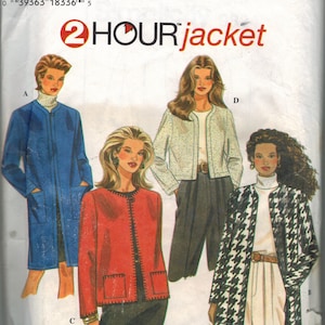 May include: A sewing pattern for a jacket with three different styles. The pattern is for sizes 44-48 EUR and 46-50 FR. The pattern is called "2 HOUR jacket" and is from Simplicity.