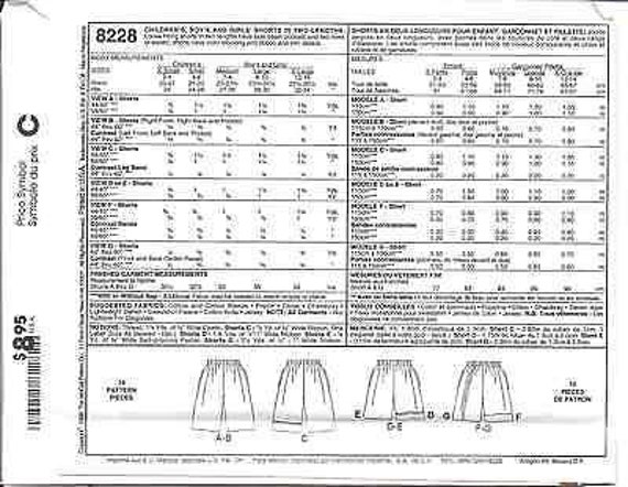 8228 McCalls SEWING Pattern Childs EASY Loose Fitting Shorts Seam Pockets UNCUT