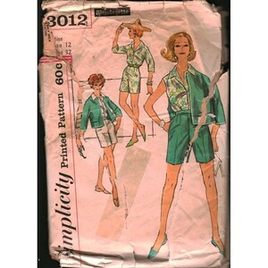 May include: Vintage Simplicity pattern envelope featuring illustrations of women's shorts sets. The outfits include shorts, jackets, and patterned tops. The envelope is torn and shows the text "Simplicity Printed Pattern 60c" and "Slenderette".